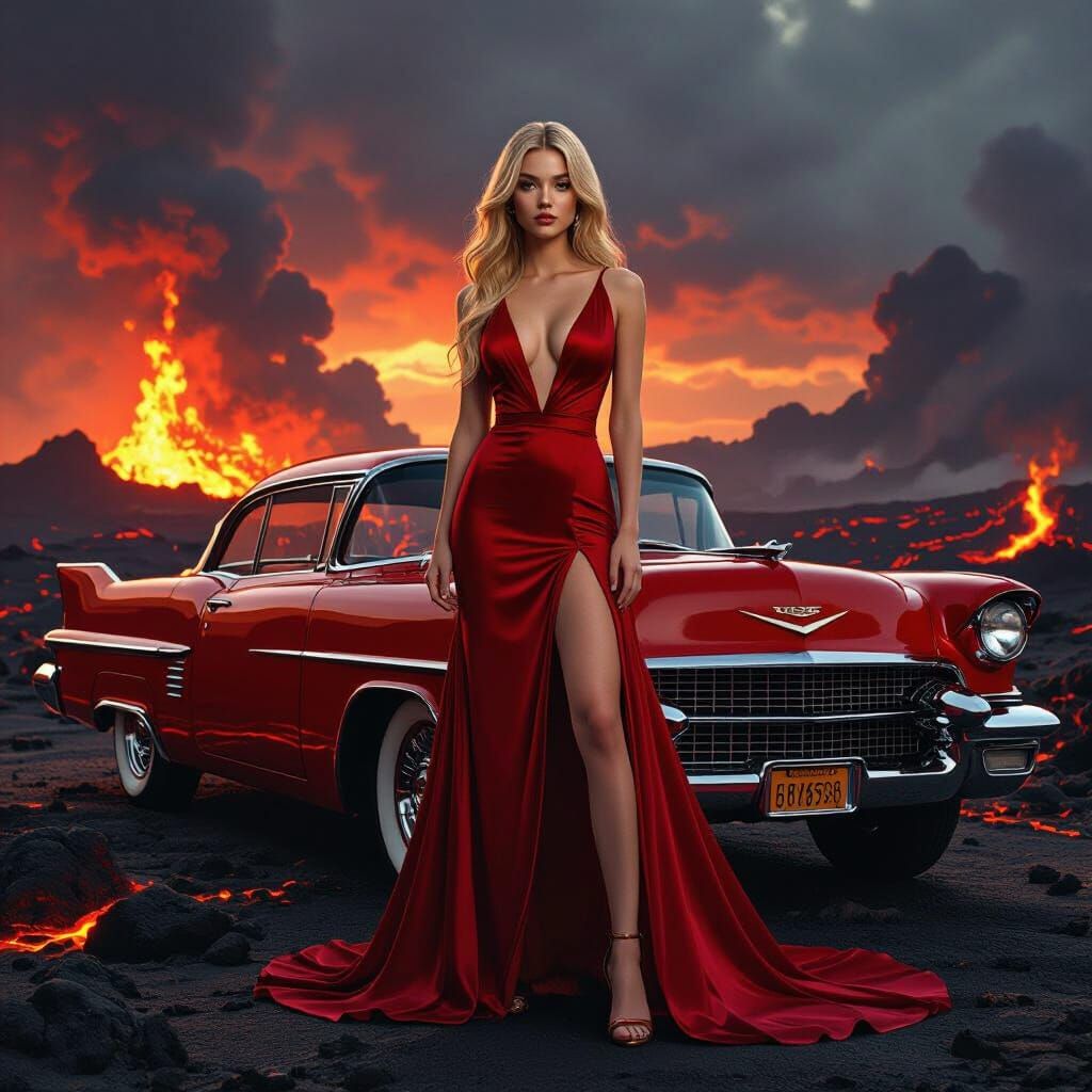 Volcanic Goddess Beside Classic Car in Cinematic Style