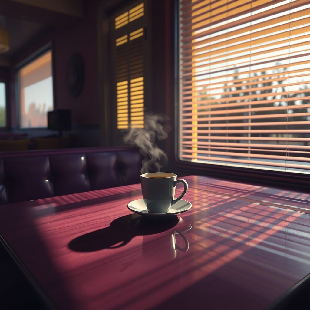 Surreal 1950s Diner Scene with Steaming Coffee and Shadows