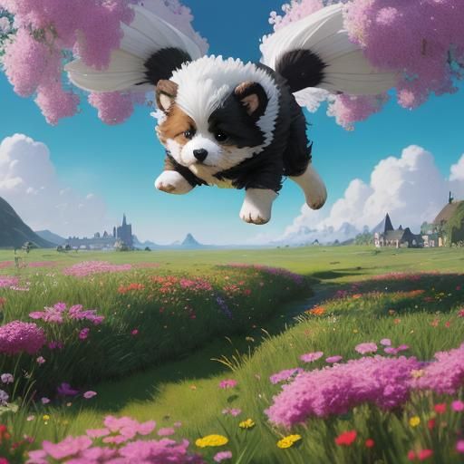 Cute Puppy Hovering Over Flowers, Hyperrealistic Digital Art