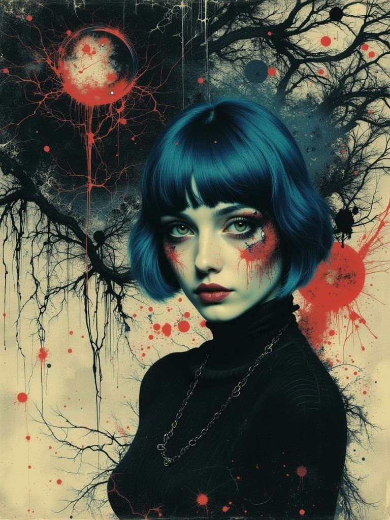Gothic Abstract Portrait of Woman with Blue Hair