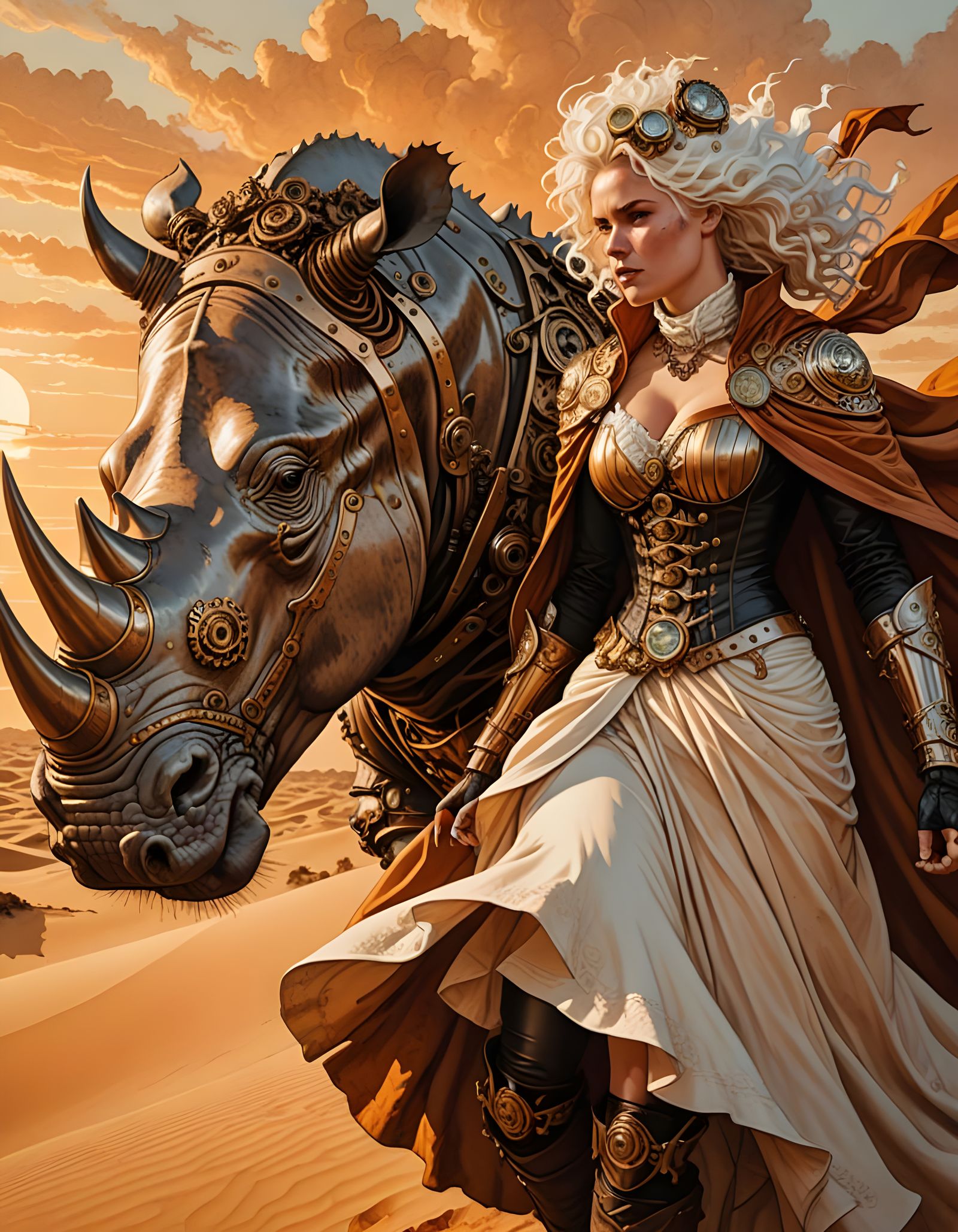 Steampunk Albino Warrior Woman Riding Rhinoceros