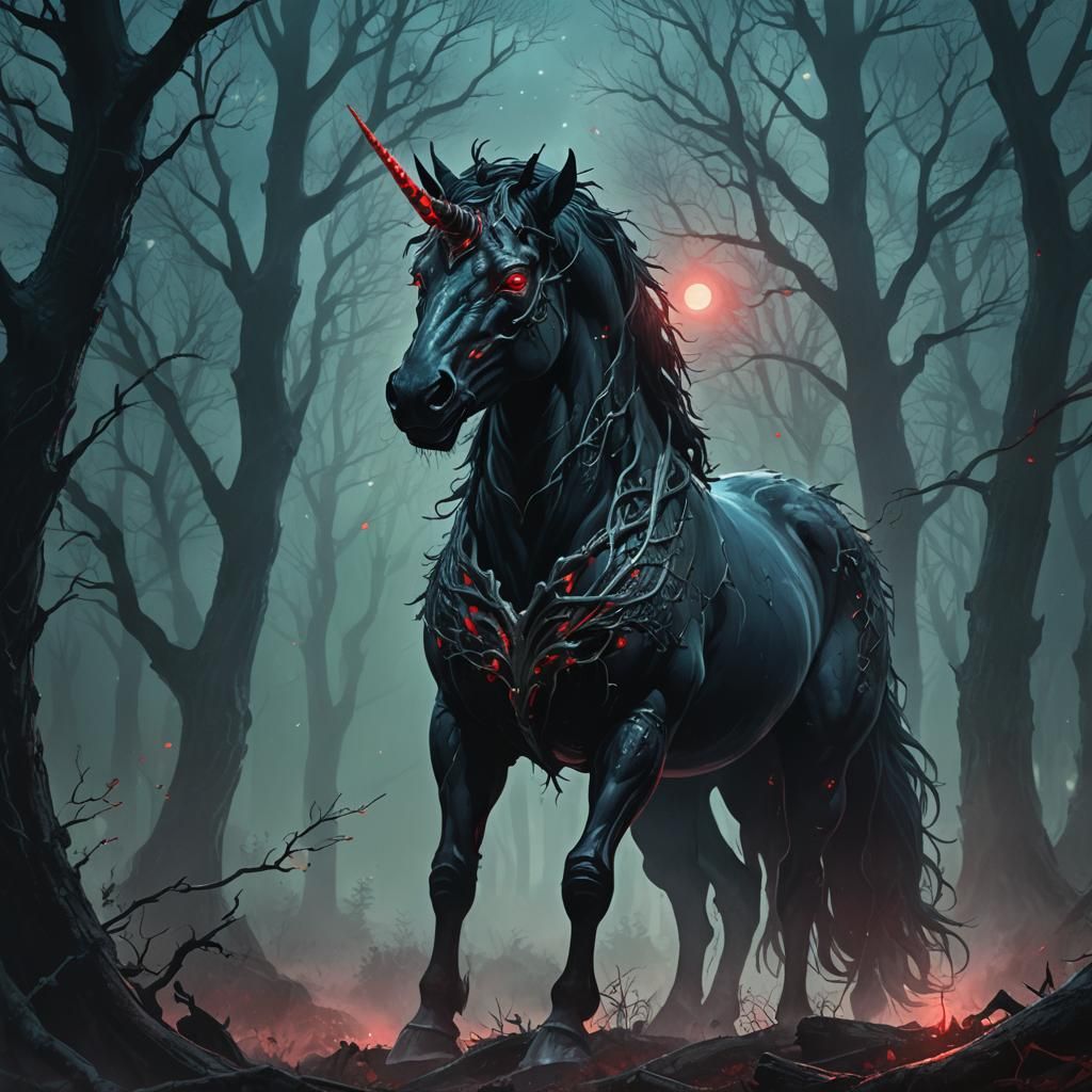 Coal Black Unicorn with Red Eyes in Moonlight