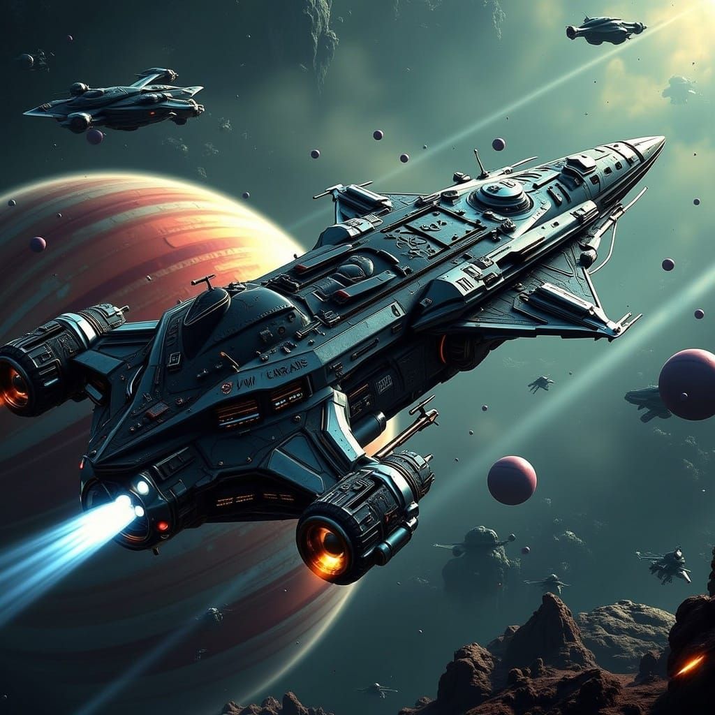 Colossal Spaceship Orbiting a Dual-Hued Ringed Planet