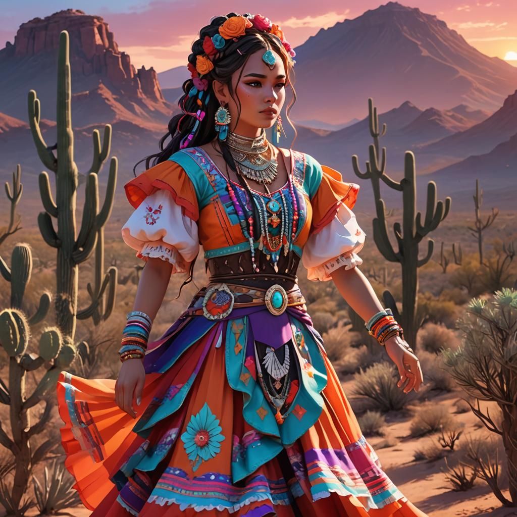 Mariachi Dancer in Desert Sunset: 3D Anime Art