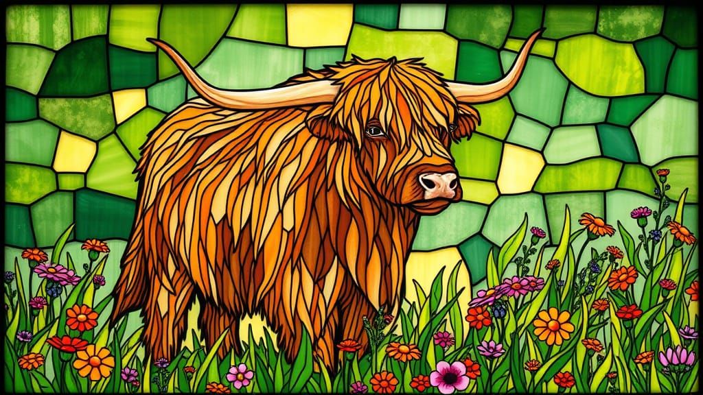 Stunning Highland Cow in Vibrant Stained Glass Style