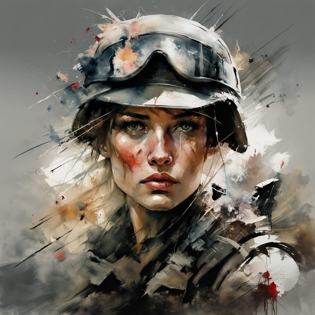 Female Soldier with 1000 Yard Stare, Watercolour Art