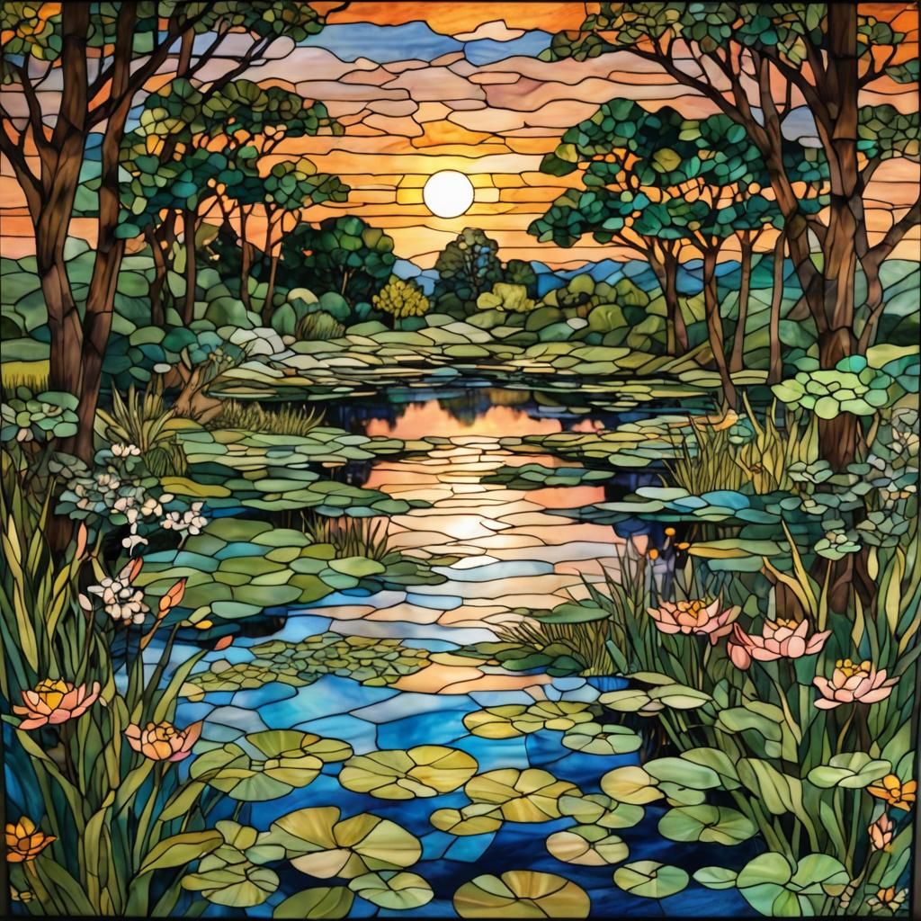 Stained Glass Sunset Pond: An Art Masterpiece