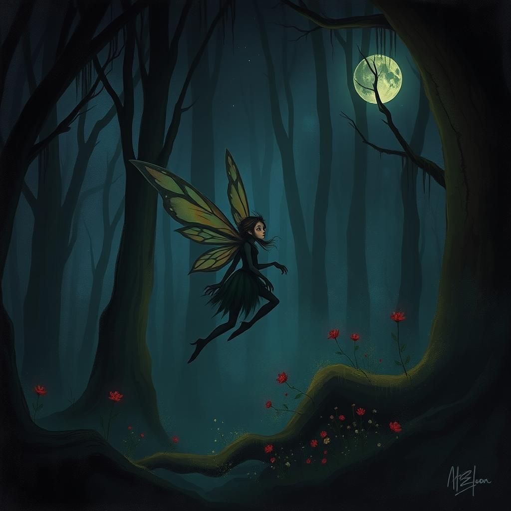 Dark Fairy in Enchanted Forest, Symbolist Style