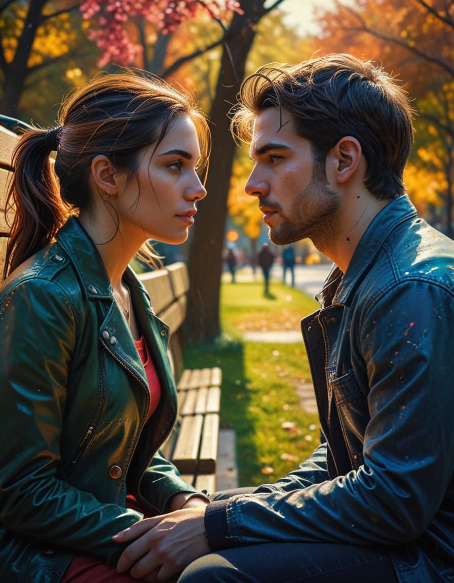 Two Friends Share Intimate Moment on Park Bench in Hyperreal...