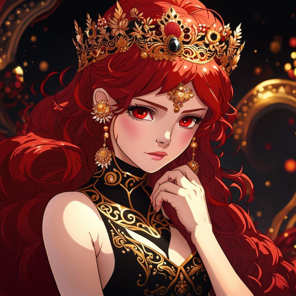 Anime Woman with Red Hair and Gold Embroidery