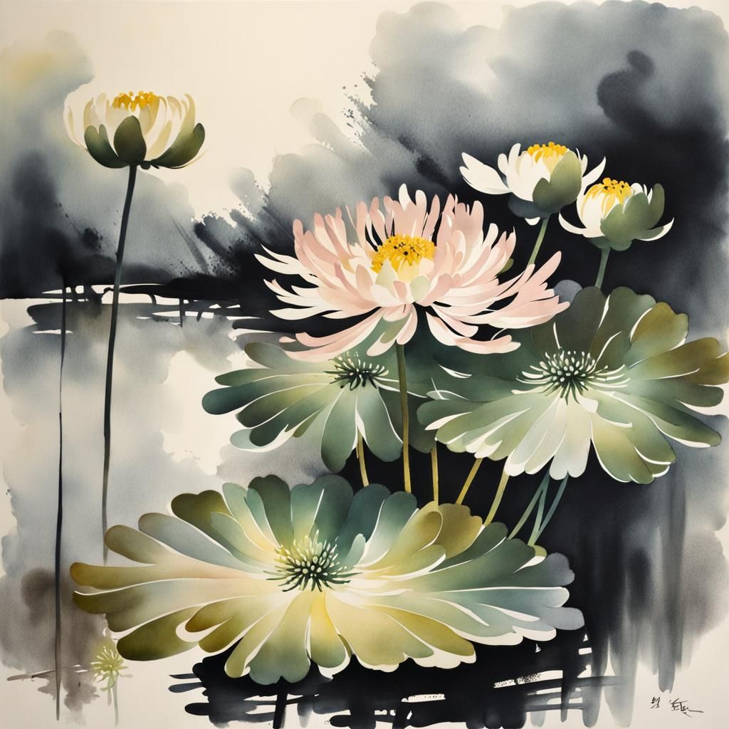Chrysanthemum in Chinese Ink Painting Style