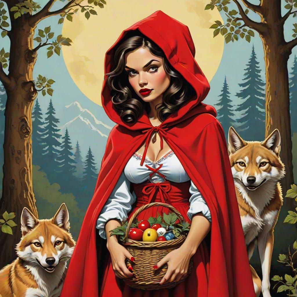Little Red Riding Hood in Ed Hardy Norman Rockwell Style