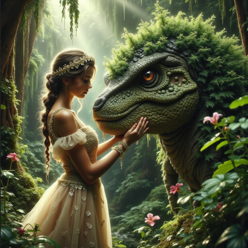 Princess and Dinosaur in Art Nouveau Style