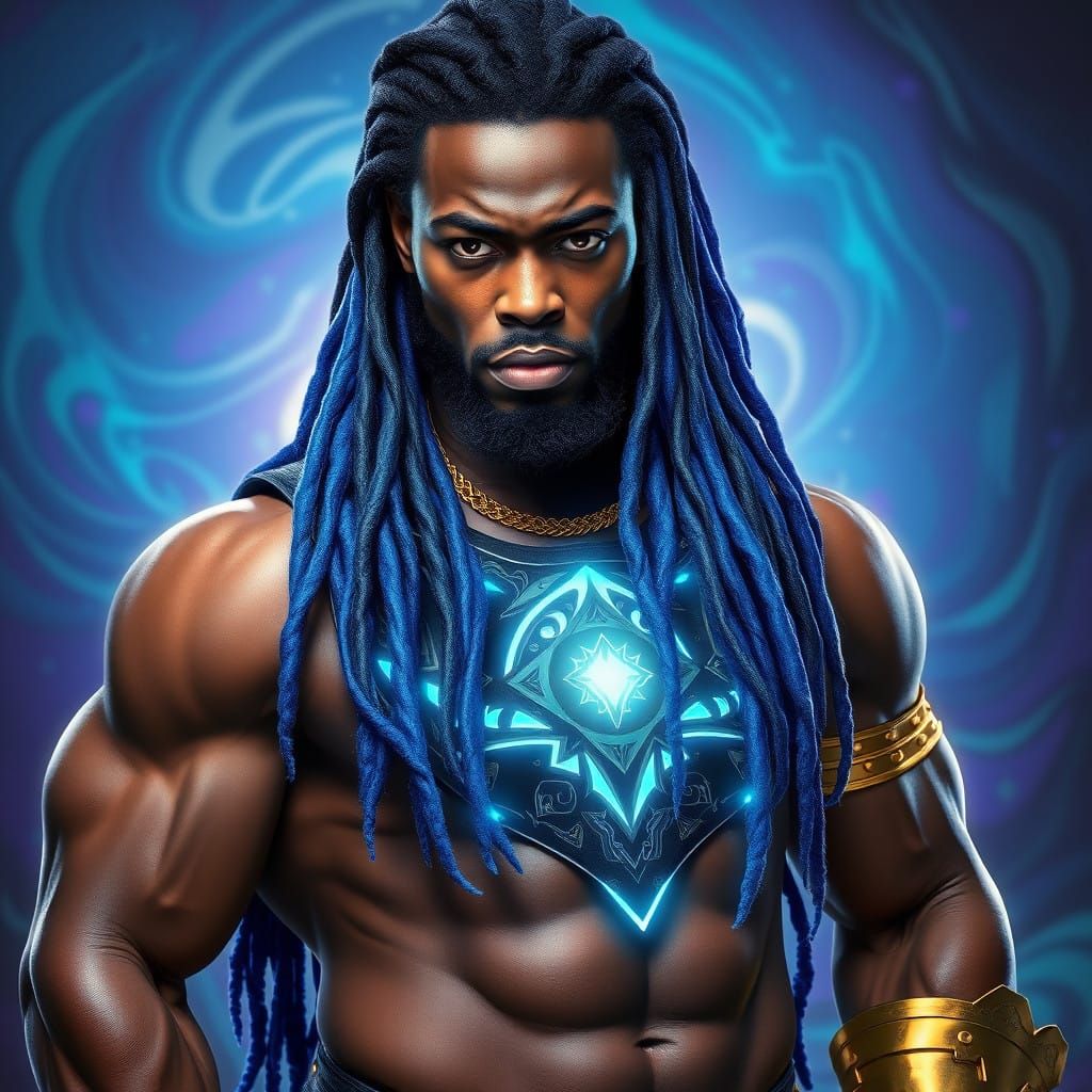Hyperrealistic Masculine Figure with Bioluminescent Dreadloc...