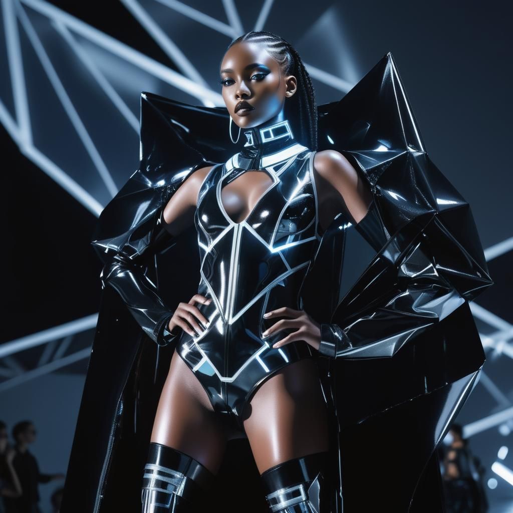 Cyberpunk Model in Latex and Chrome Outfit on Runway