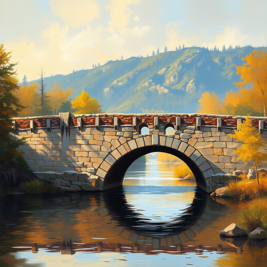 Stone Bridge Over River in Impressionist Oil Painting
