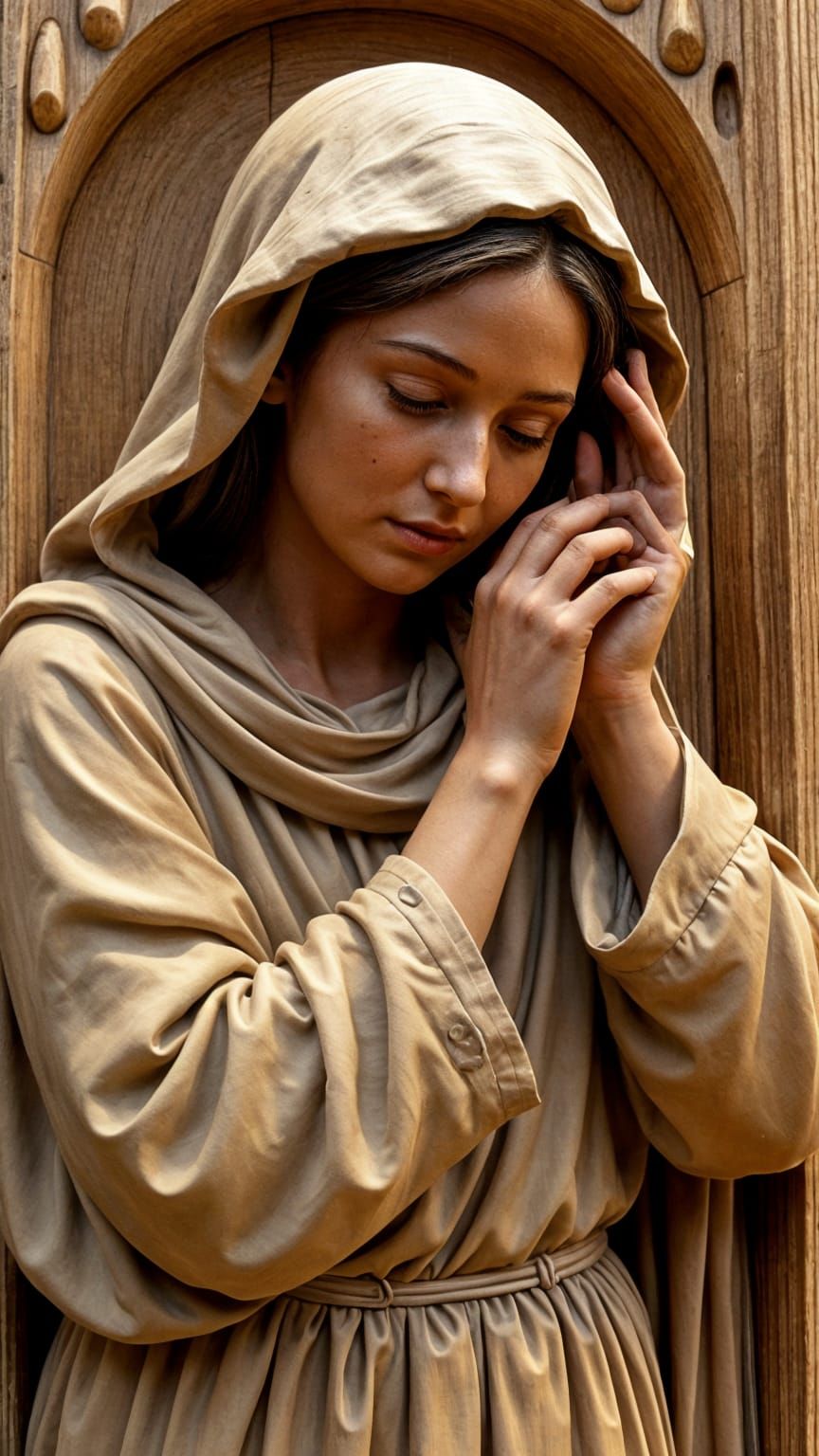 Veronica Wiping Jesus' Face: Intricate Wood Carving