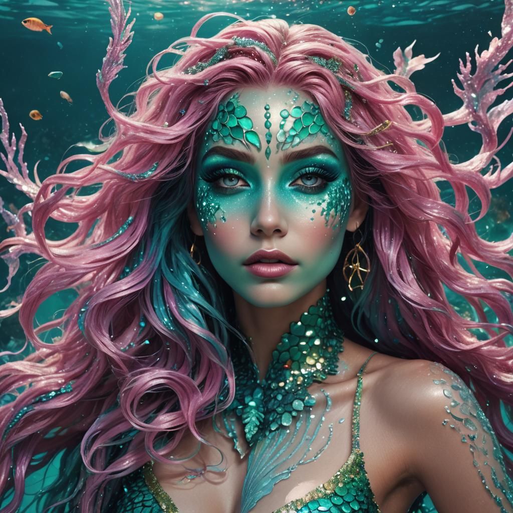 Turquoise Mermaid in Glitter Makeup, Digital Matte Painting