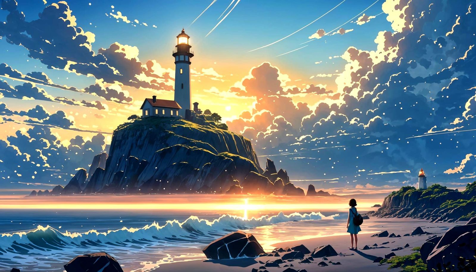 Fantasy Lighthouse Sunrise with Magic Particles