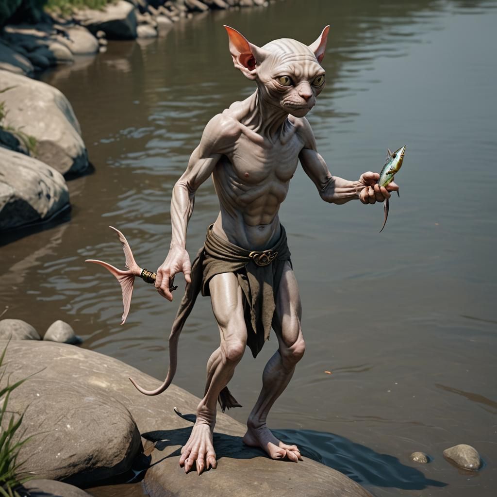 Gollum as Sphynx Cat Holding Fish