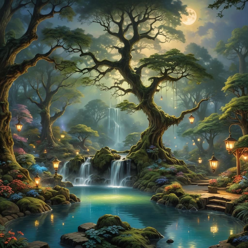 Enchanted Bioluminescent Forest Pool Under Moonlight
