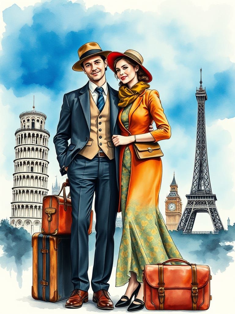 Vintage Glamour World Travelers in Watercolor