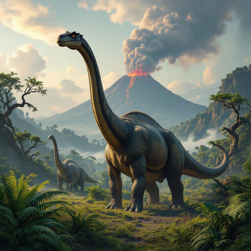 Brachiosaurus in Prehistoric Valley, Dark Fantasy Style