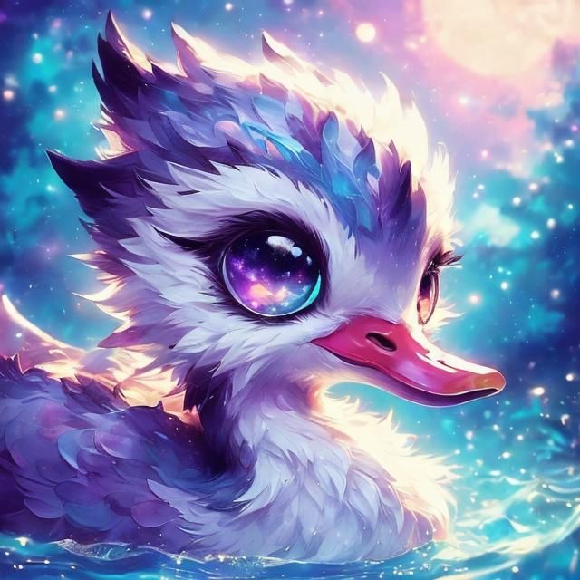 Mythical Duck Swimming in Vaporwave Lake