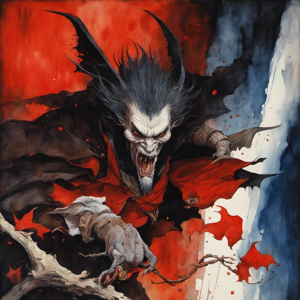 Furious Vampire Mid-Transformation in Watercolor Style