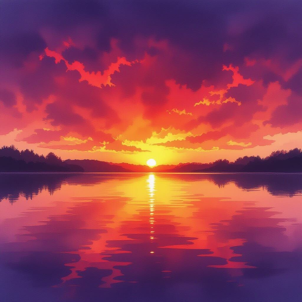 Stunning Watercolor Sunset with Deep Red and Purple Hues