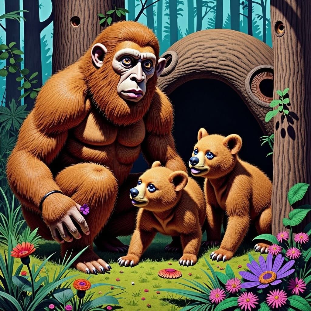 Female Sasquatch Portrait with Bear Cubs in Gouache Style