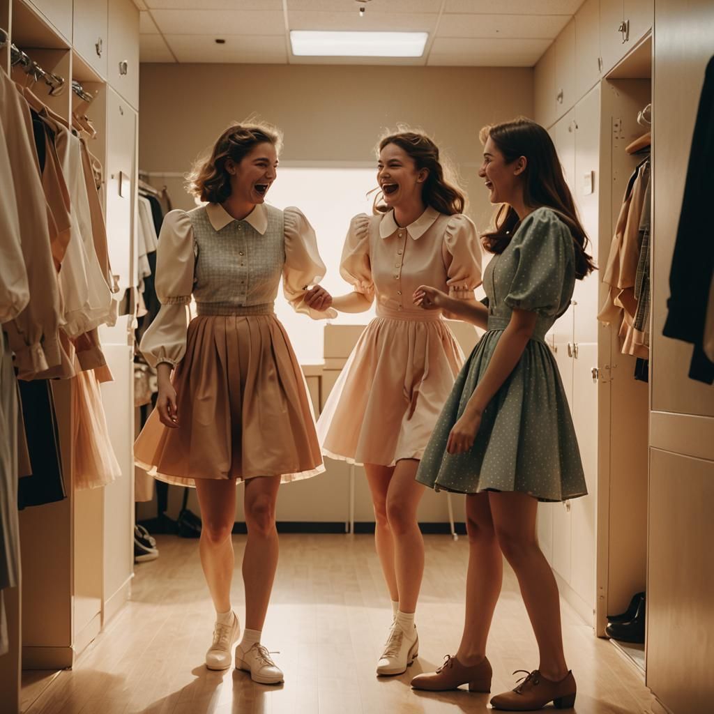 Playful Crossdressing Scene in Fitting Room: Cinematic Style
