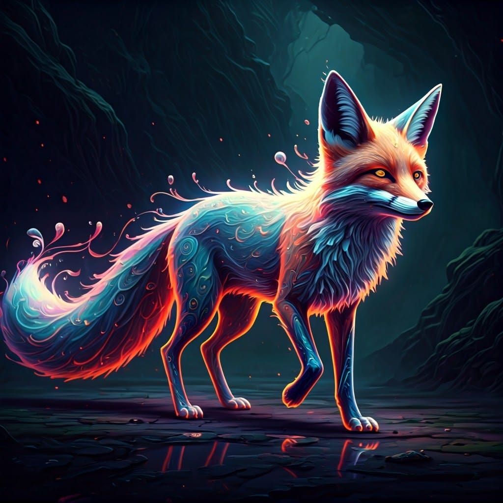 Luminous Fox Entity in a Neon Fantasy Landscape
