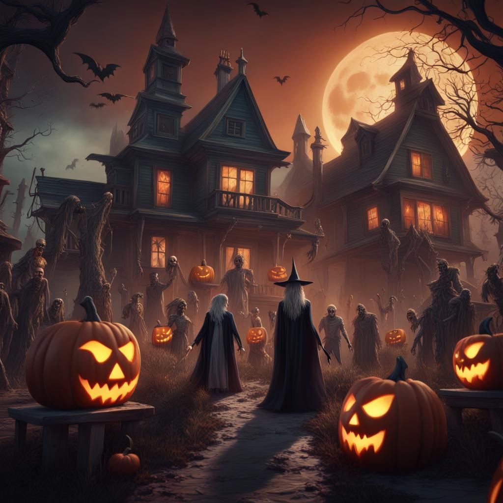 Halloween Scene: Witches, Zombies, and Fantasy Art