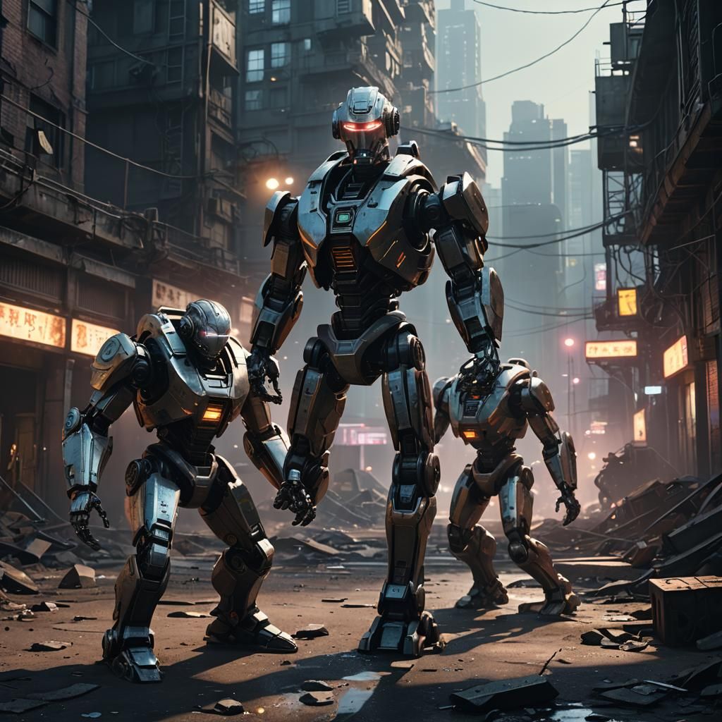 Steel Robots Clash in Abandoned City: Sci-Fi Art