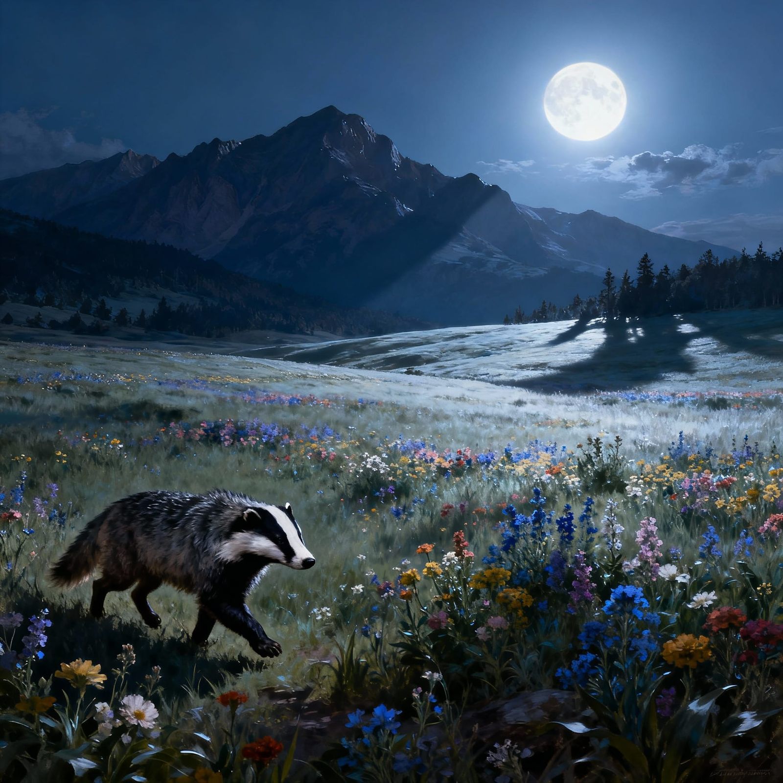 Moonlit Meadow with Badger and Wolf in Concept Art Style