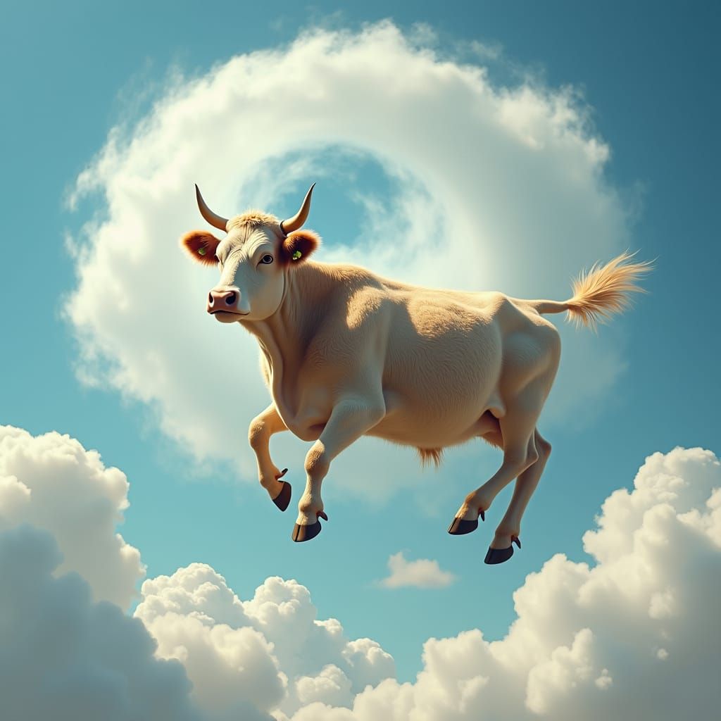 Majestic Cow in Swirling Cloud Dreamscape