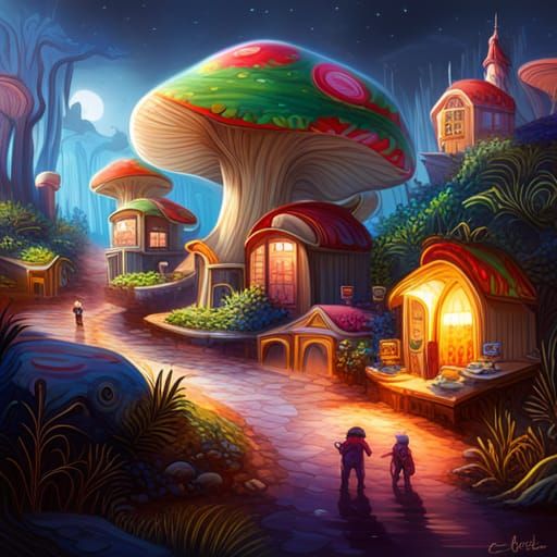 Mushroom Village in Winter Biosphere: Graffiti Art