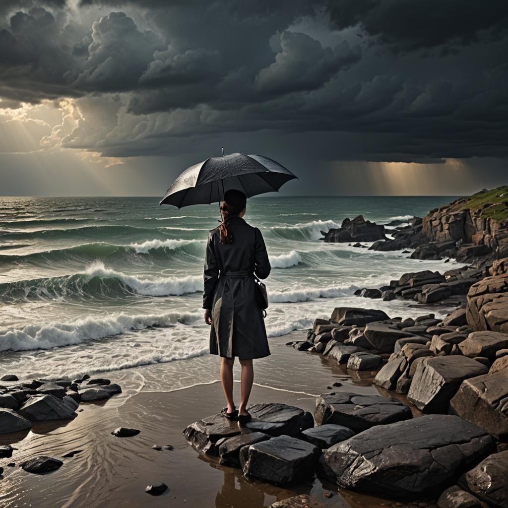 Woman with Umbrella in Rainy Coastal Scene