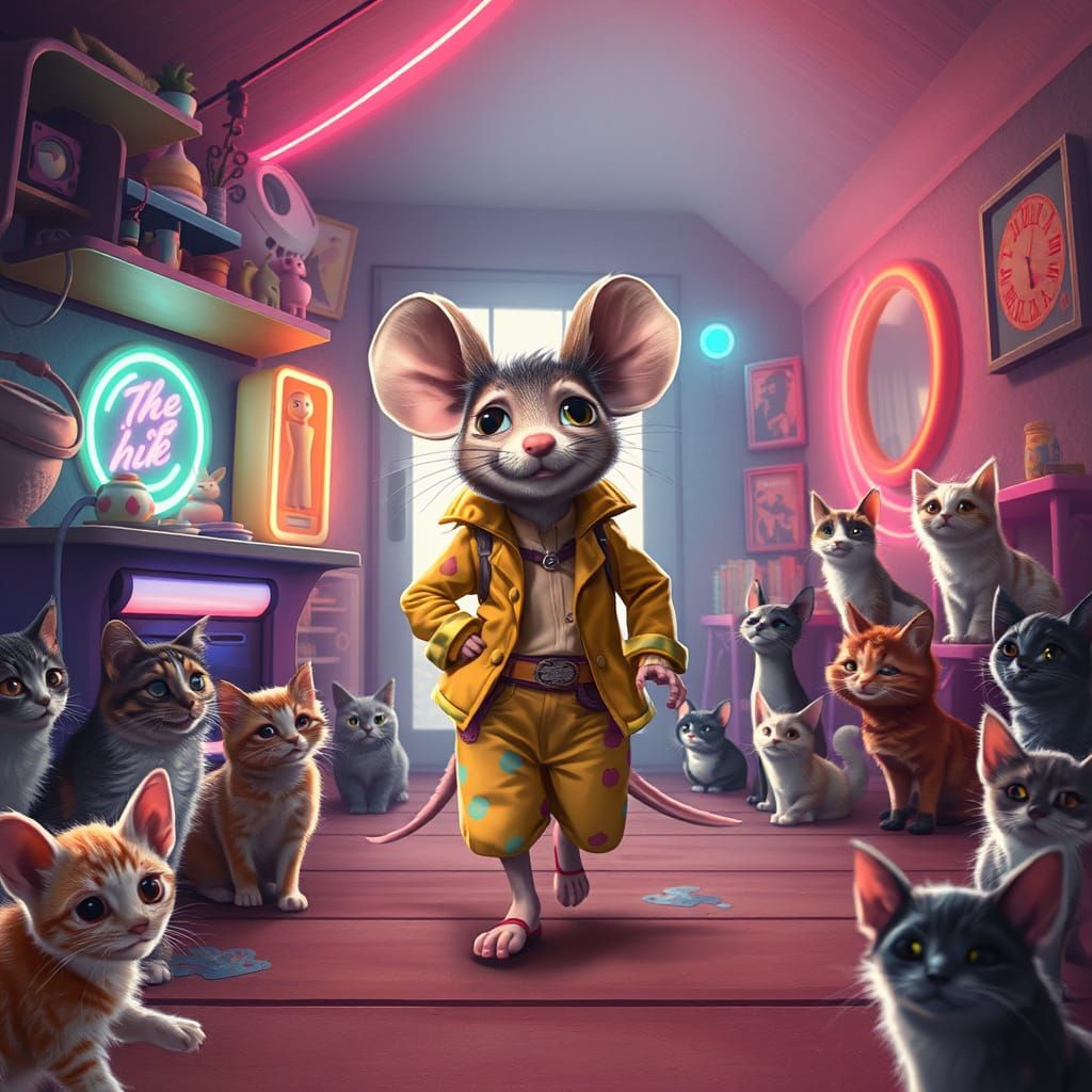 Confident Mouse Wanders Fantasy House of Cats