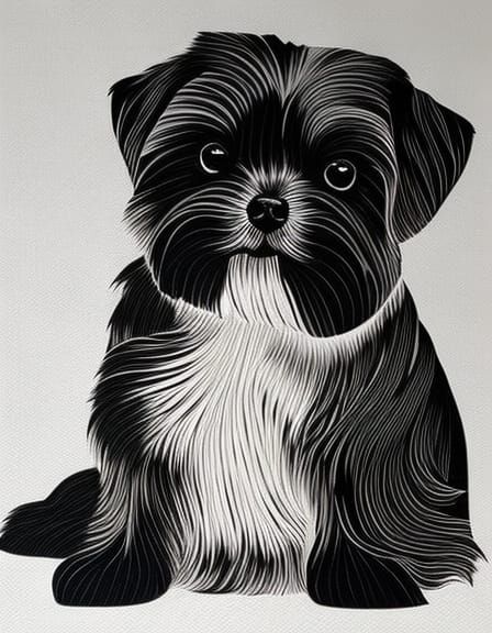 Ink Drawing of a Short-Haired Shih Tzu Dog