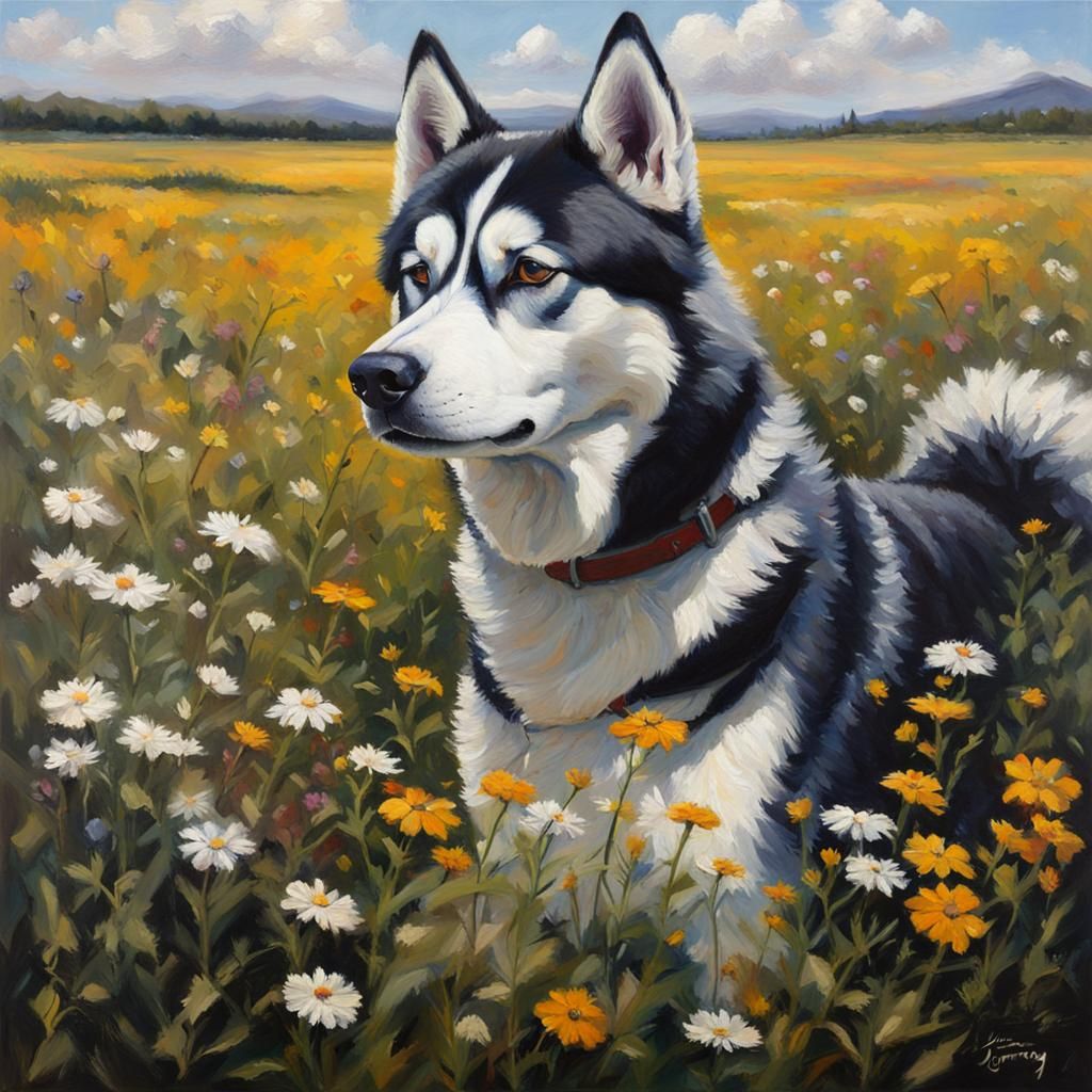 Husky in Wildflower Field, Oil Painting Style