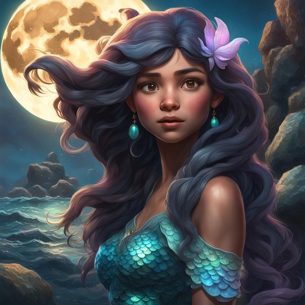 Hyperrealistic Dora as Mermaid in Moonlight