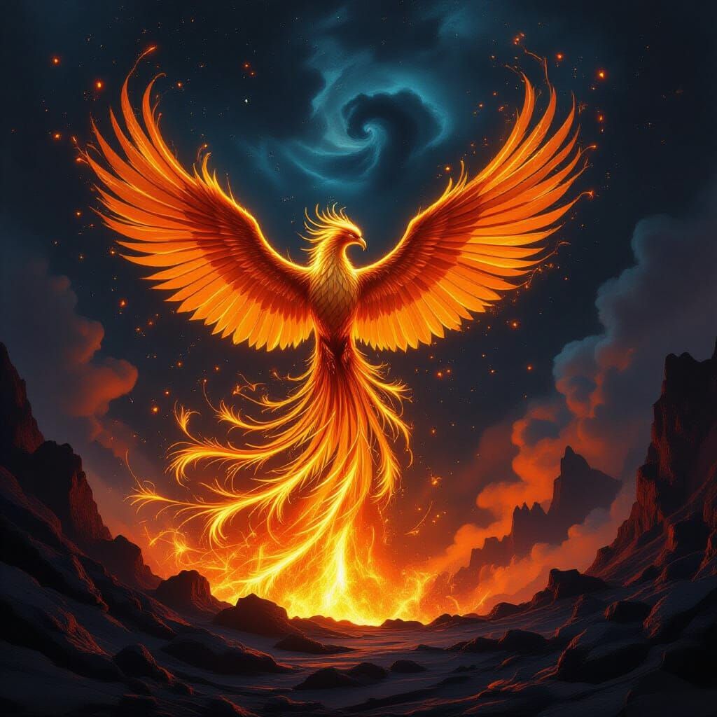 Molten Gold Phoenix Erupts From Volcano Under Nebula Sky