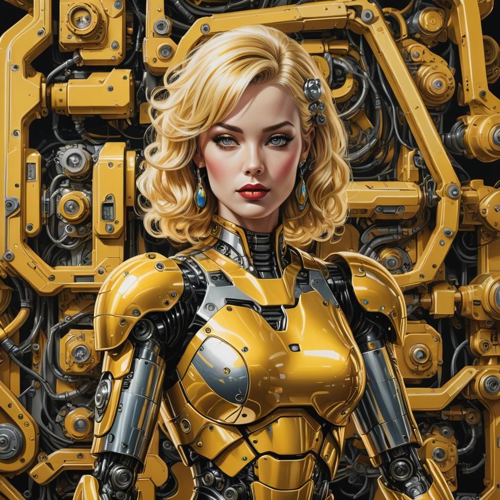 Robot Pin-Up Art: Blonde in Yellow, 1980s Style