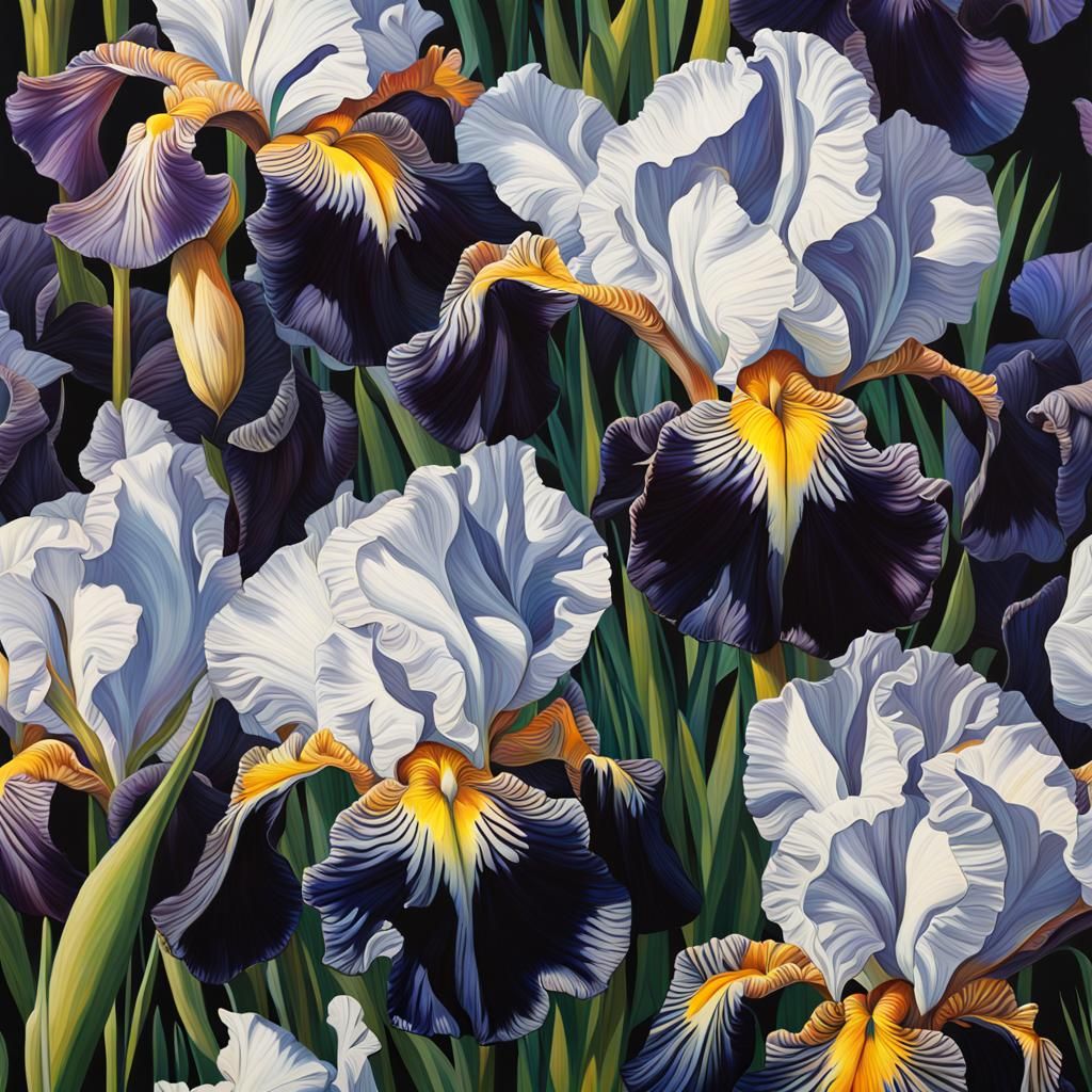 Hyperrealistic Garden of Black and White Irises