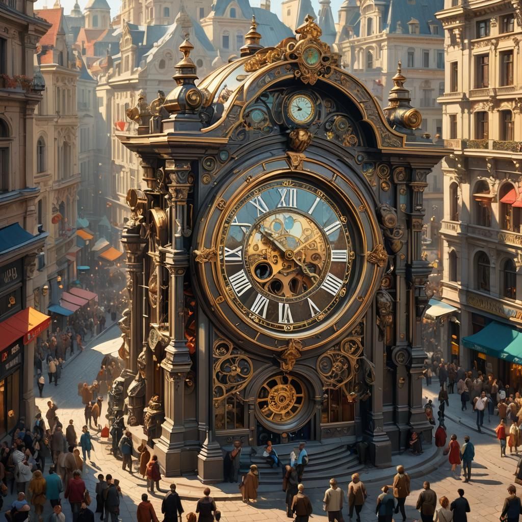 Metal Clock Tower in City, Hyperrealistic Concept Art