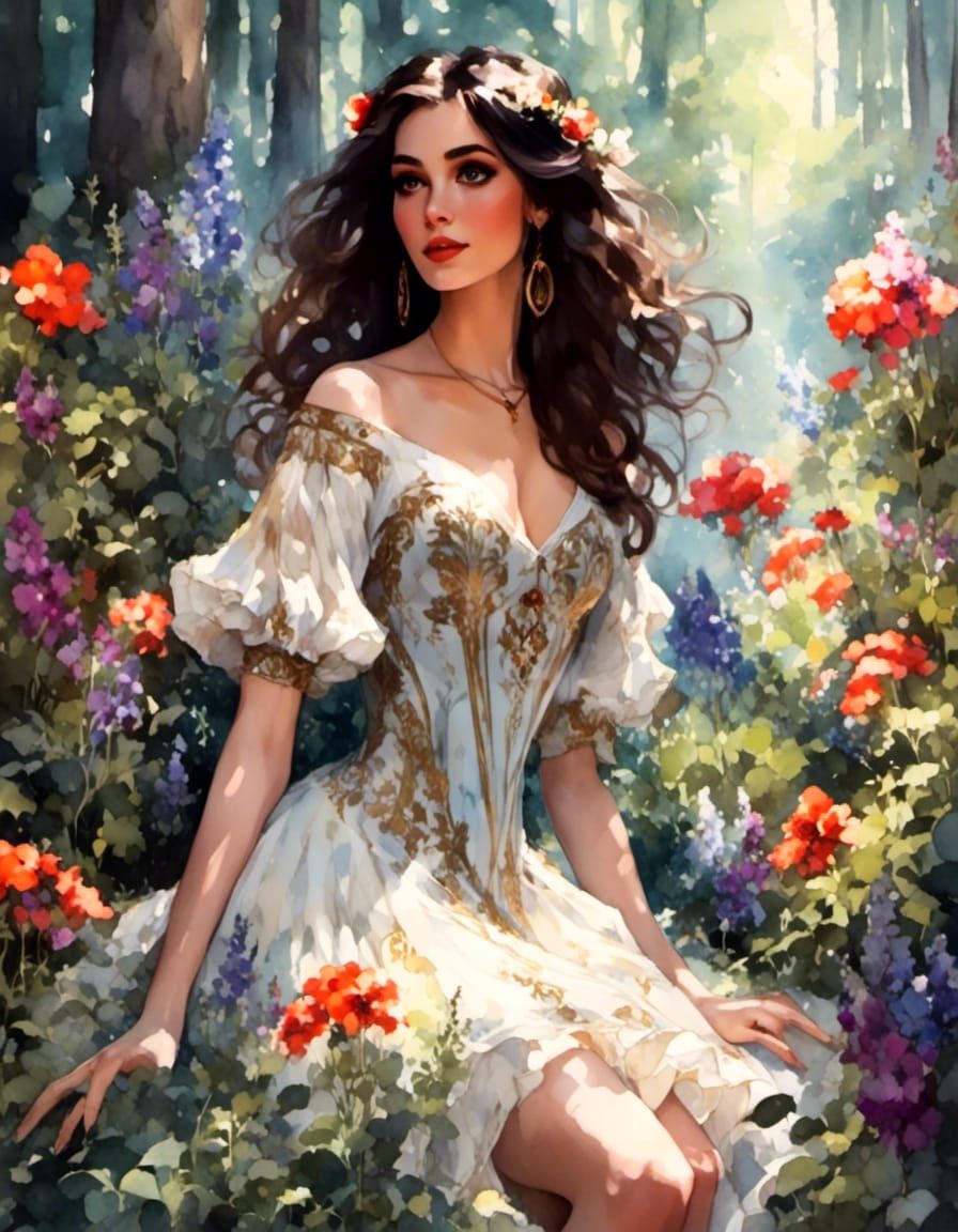 Fantasy Brunette Gathering Herbs, Gouache Artistic Portrait