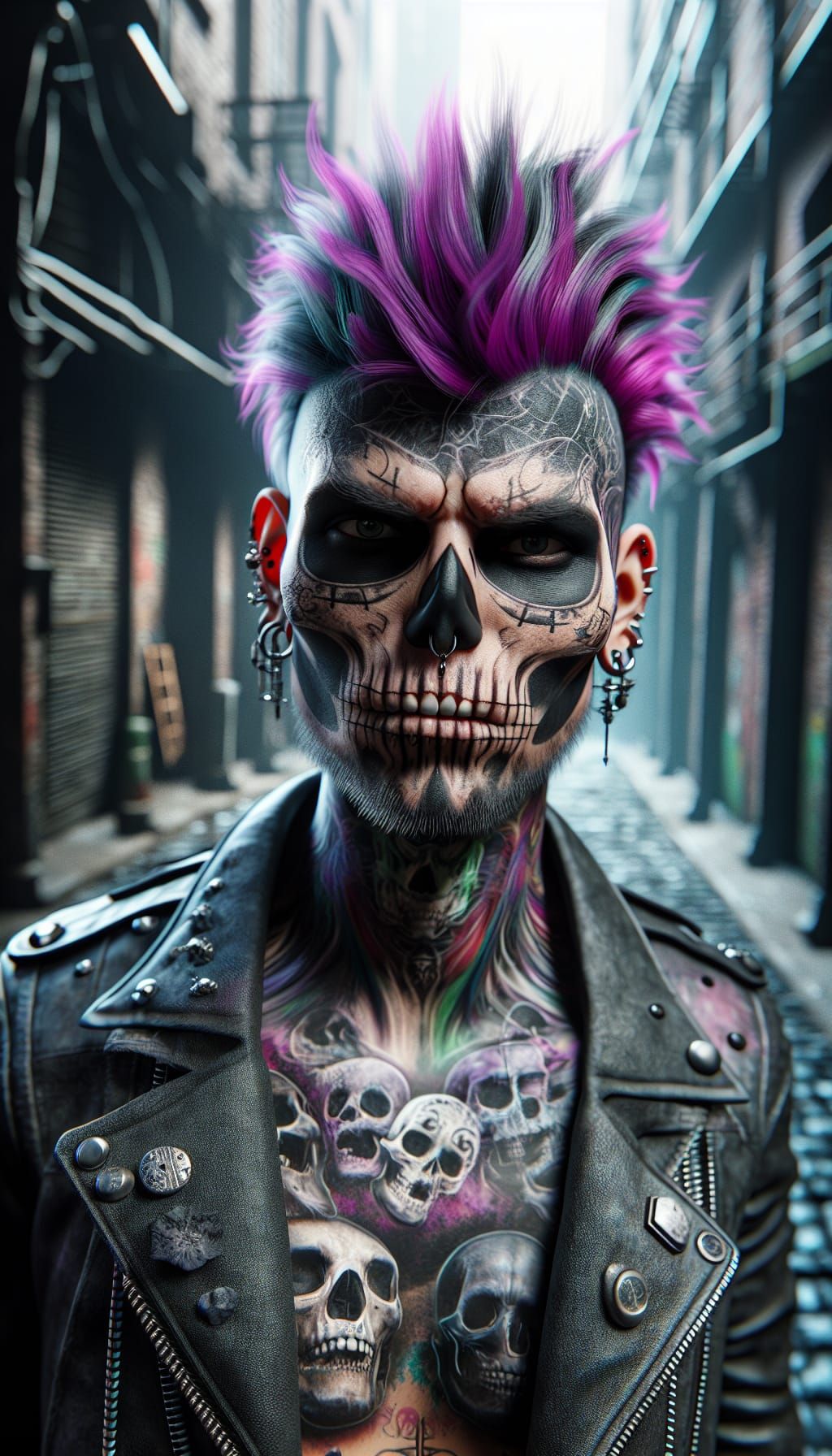 Hyperrealistic Goth-Punk Rocker in Alleyway