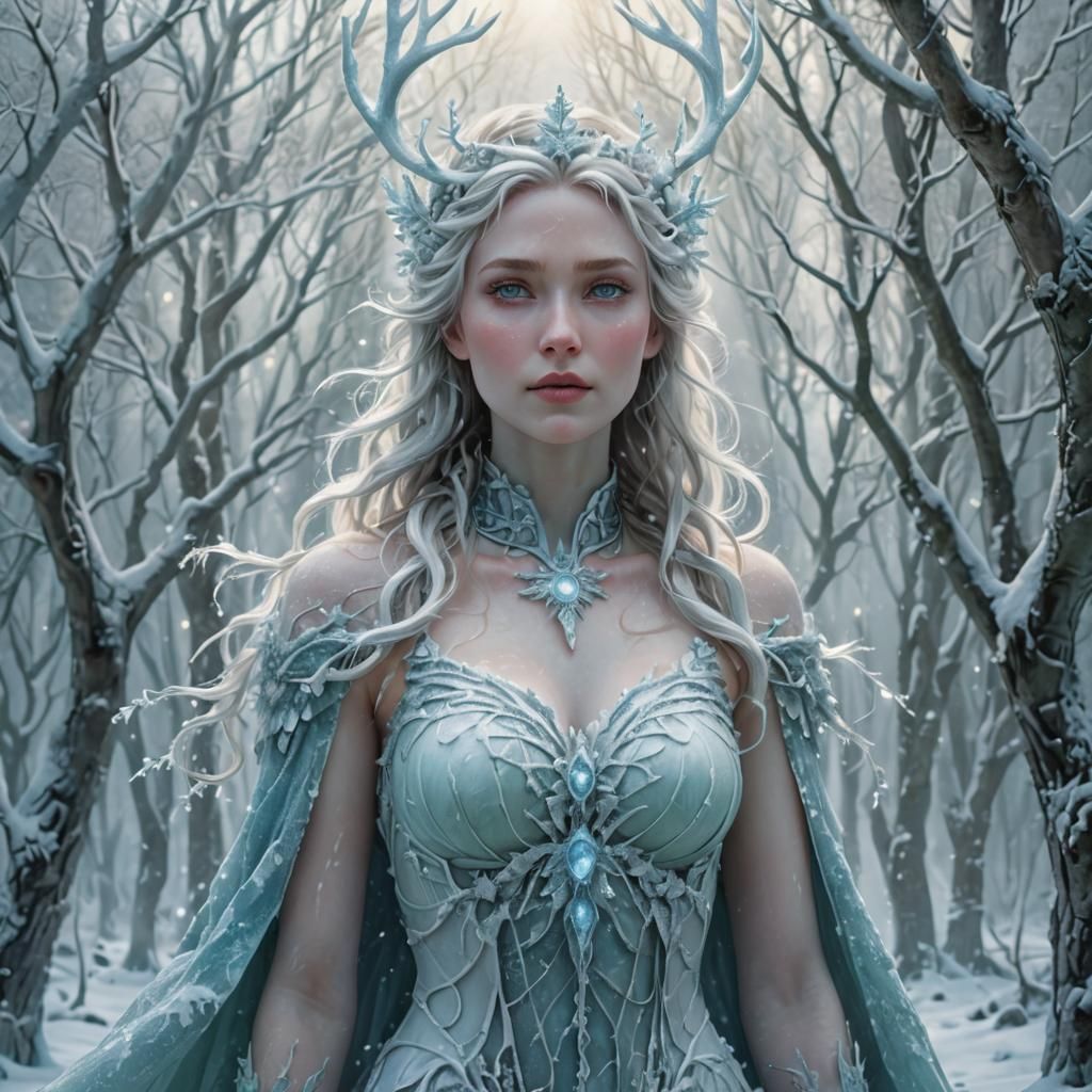 Goddess of Snow in Frozen Forest